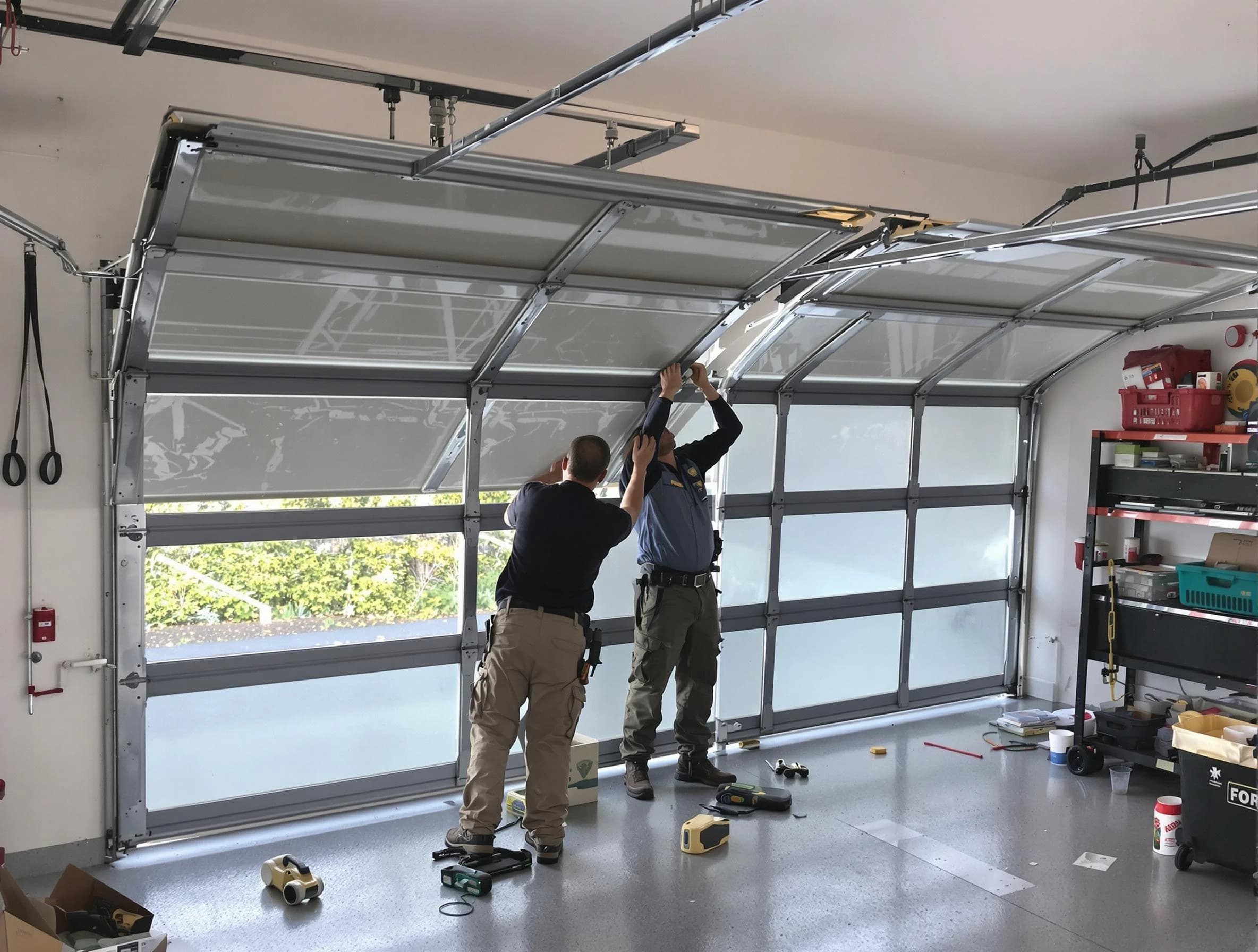 Natick Garage Door Repair expert performing precise panel replacement on Natick garage door