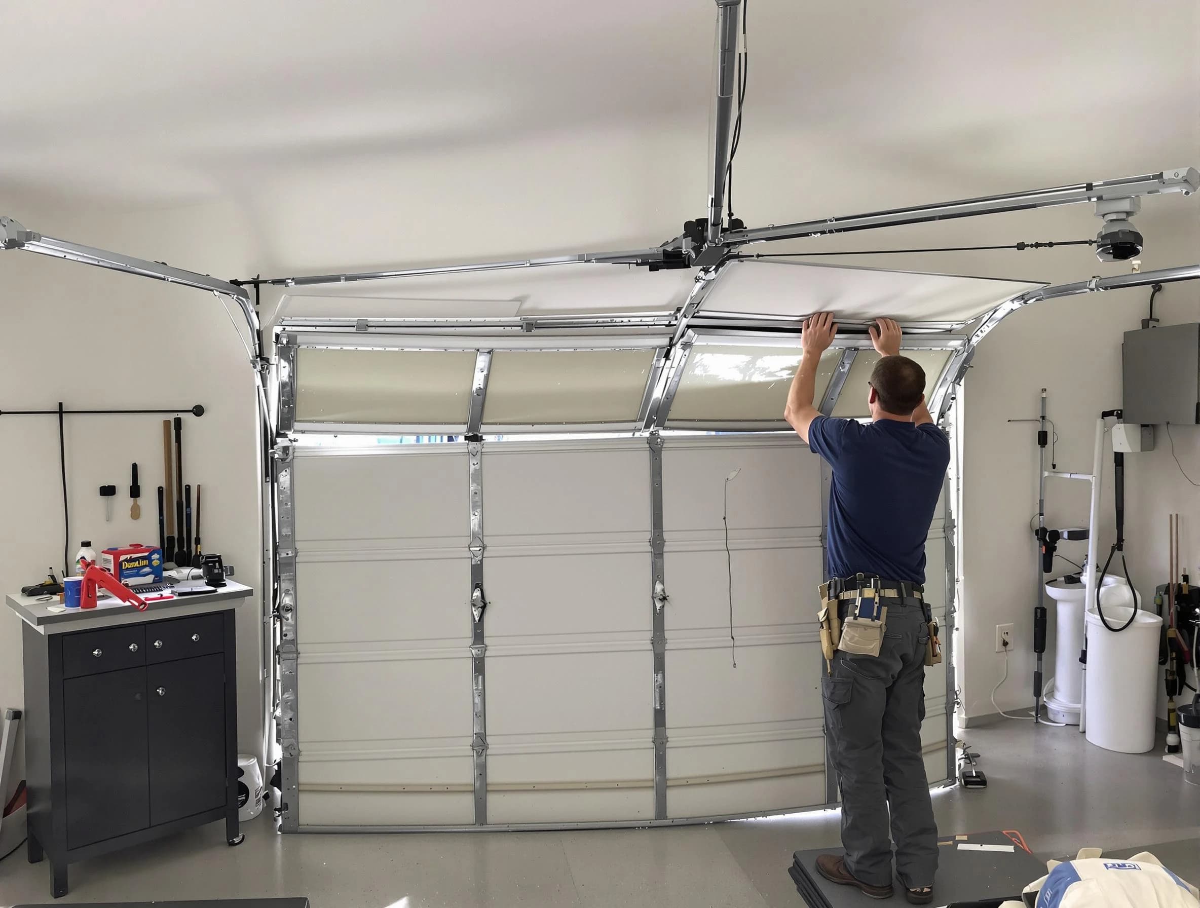 Natick Garage Door Repair specialist performing precise section replacement on Natick garage door