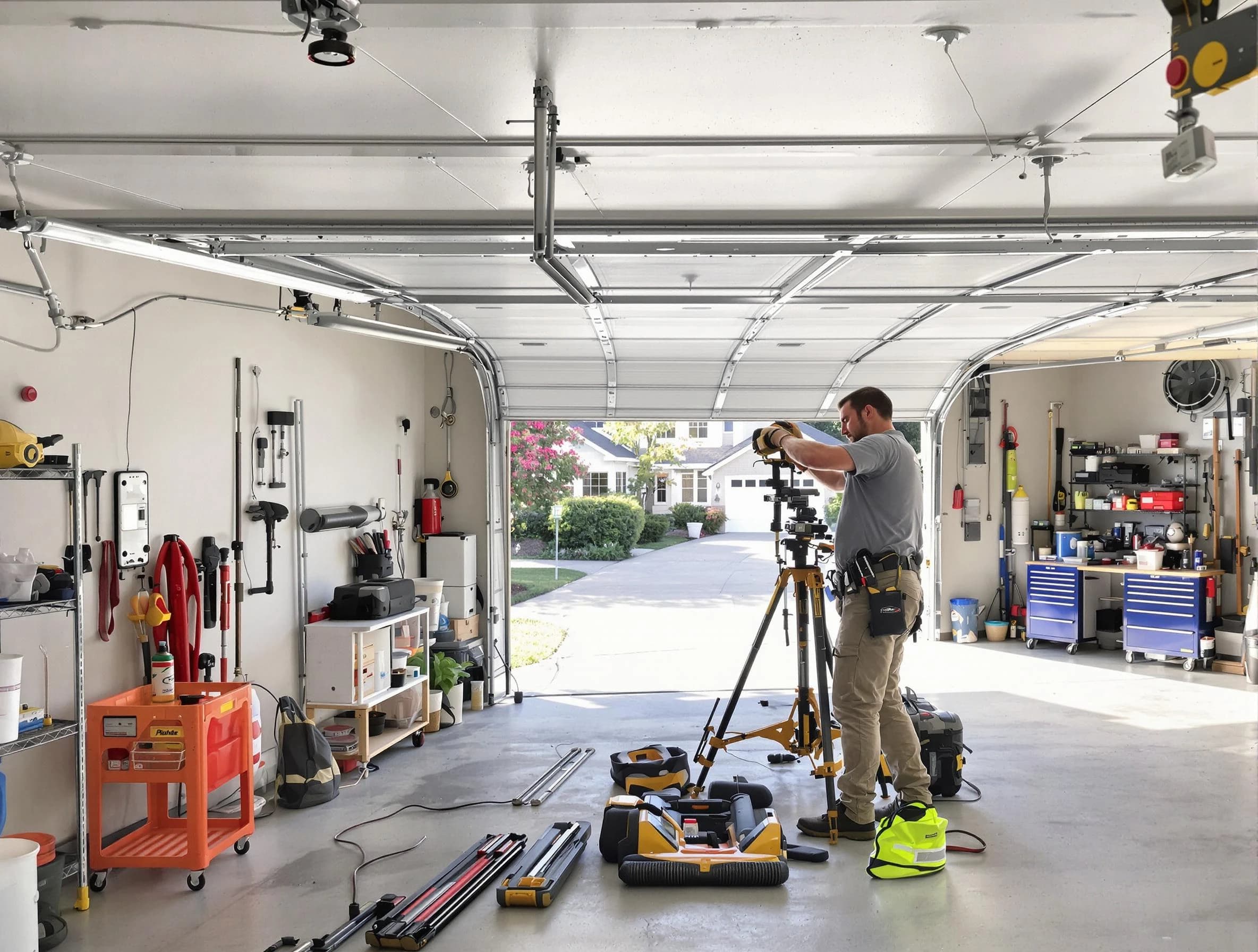 Natick Garage Door Repair specialist performing laser-guided track alignment in Natick