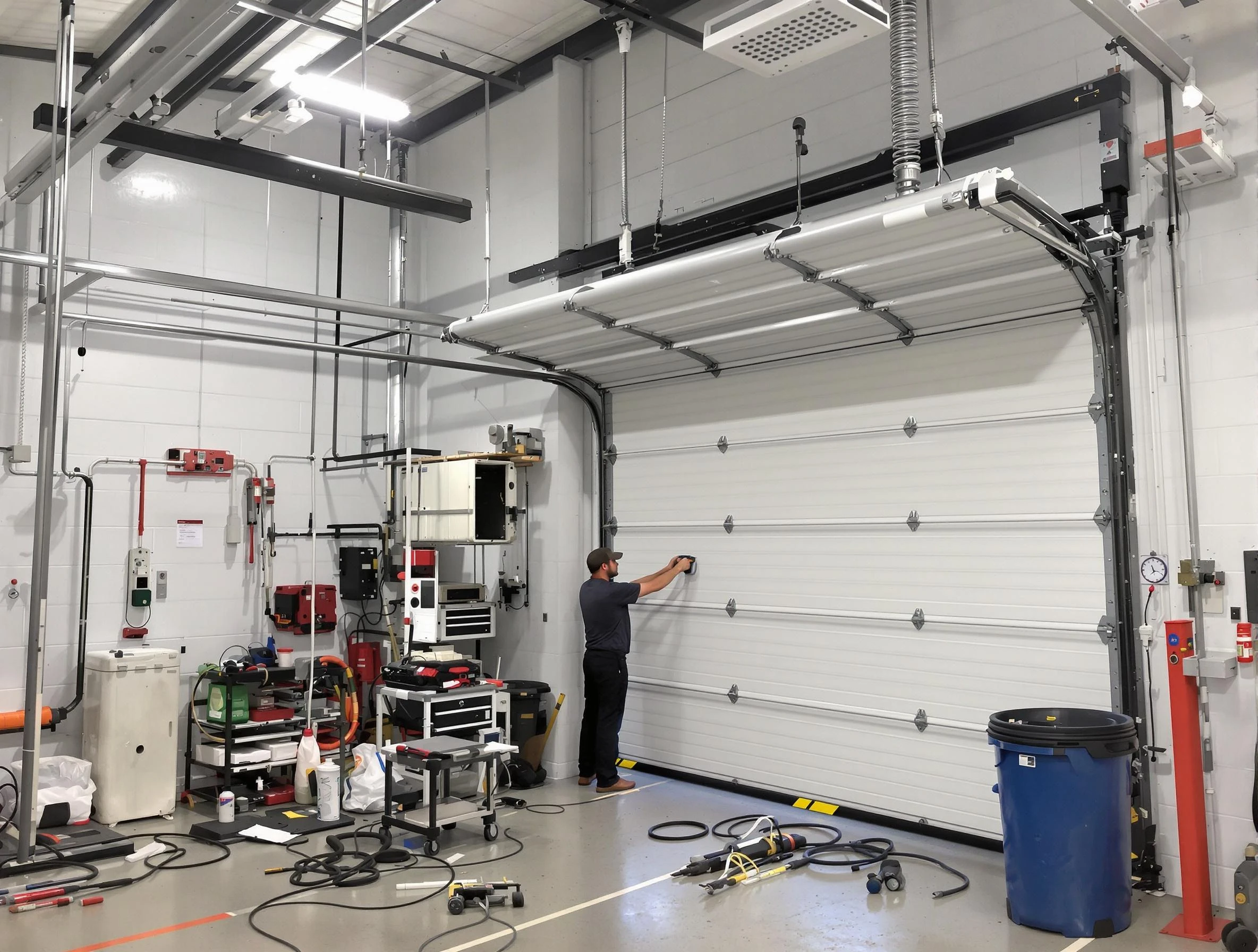 Natick Garage Door Repair certified technician performing commercial door repair at a Natick business facility