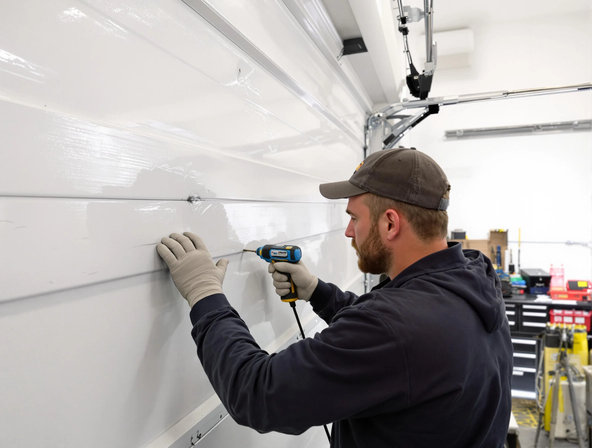Natick Garage Door Repair technician demonstrating precision dent removal techniques on a Natick garage door