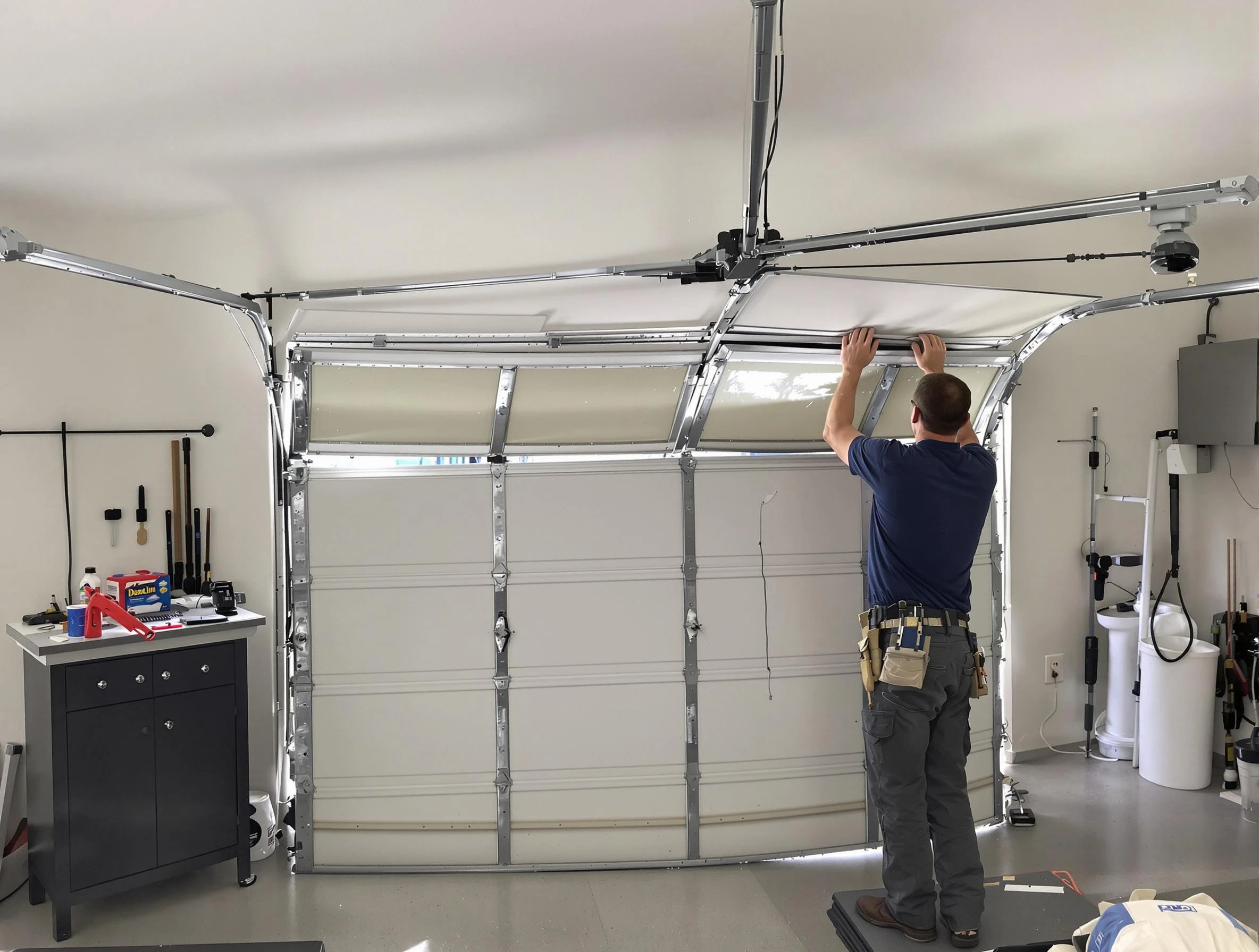 Natick Garage Door Repair specialist performing precise section replacement on Natick garage door